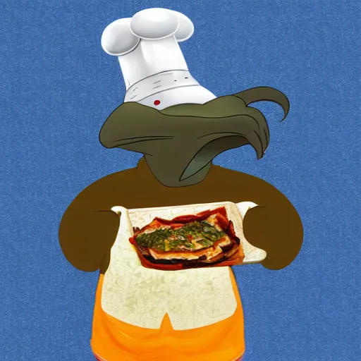 Image similar to cute platypus on a kitchen wearing a chef hat and holding a lasagna into an oven, digital art