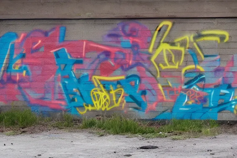 Image similar to A graffitied name on an abandoned warehouse building. Each letter of the name is filled with a different portal to another dimension