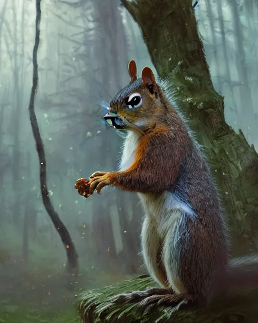 Image similar to Squirrel clothed, portrait, magic, forest background, magic the gathering artwork, D&D, fantasy, cinematic lighting, centered, symmetrical, highly detailed, digital painting, artstation, concept art, smooth, sharp focus, illustration, volumetric lighting, epic Composition, 8k, art by Akihiko Yoshida and Greg Rutkowski and Craig Mullins, oil painting, cgsociety