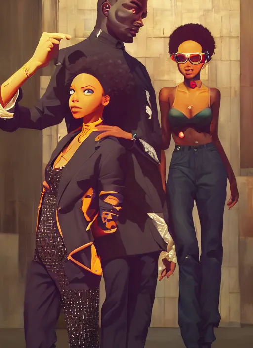 Image similar to afro - futurist gangstas, lavish lifestyle and money, fashionable, jacking the metaverse | hyperrealistic oil painting | by makoto shinkai, ilya kuvshinov, lois van baarle, rossdraws | afrofuturism, in the style of boondocks, trending on artstation | dark color scheme