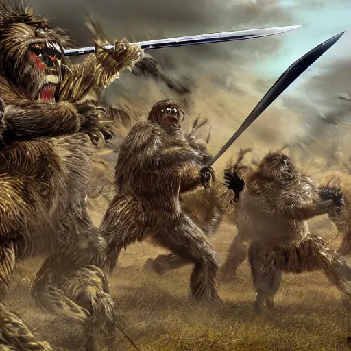 Image similar to a high detailed realistic photo of a group of armored yeti and sasquatch battling with swords shields andsd pears