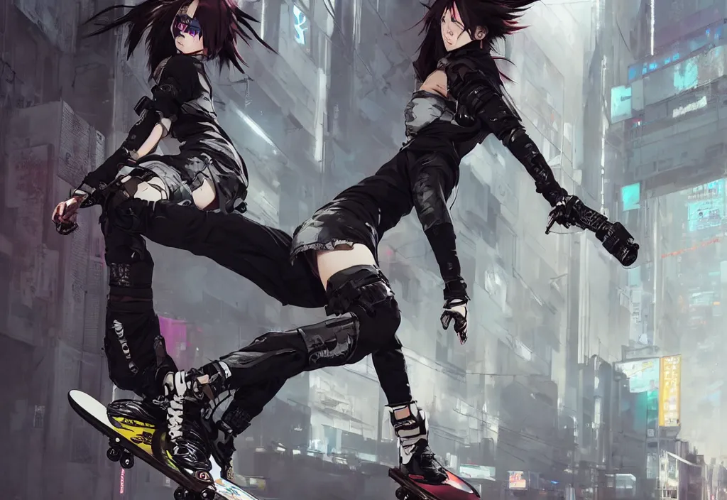 Image similar to hyper - realistic cyberpunk anime woman flip skateboard, sport, action tokyo street, extreme detail, good face, model, concept art, in style of yoji shinkawa, pan ren wei, col price, atey ghailan, by greg rutkowski, aesthetic