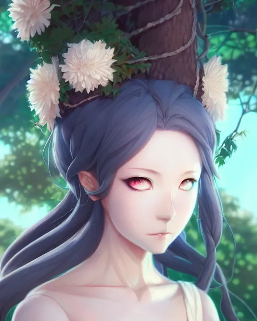 Image similar to character concept art of an anime goddess of trees | | cute - fine - face, pretty face, realistic shaded perfect face, fine details by stanley artgerm lau, wlop, rossdraws, james jean, andrei riabovitchev, marc simonetti, and sakimichan, tranding on artstation