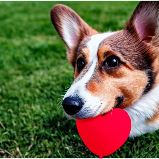 Image similar to a corgi with a heart shaped balloon, Sigma 85mm, f/1.4