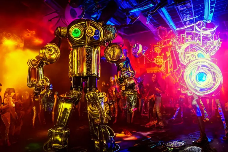 Image similar to scene is la troya party in amnesia in ibiza, portrait photo of a giant huge golden and blue metal steampunk robot, with futuristic gears and tubes, eyes are glowing red lightbulbs, shiny crisp finish, 3 d render, 8 k, insaneley detailed, fluorescent colors, haluzinogetic, background is multicolored lasershow