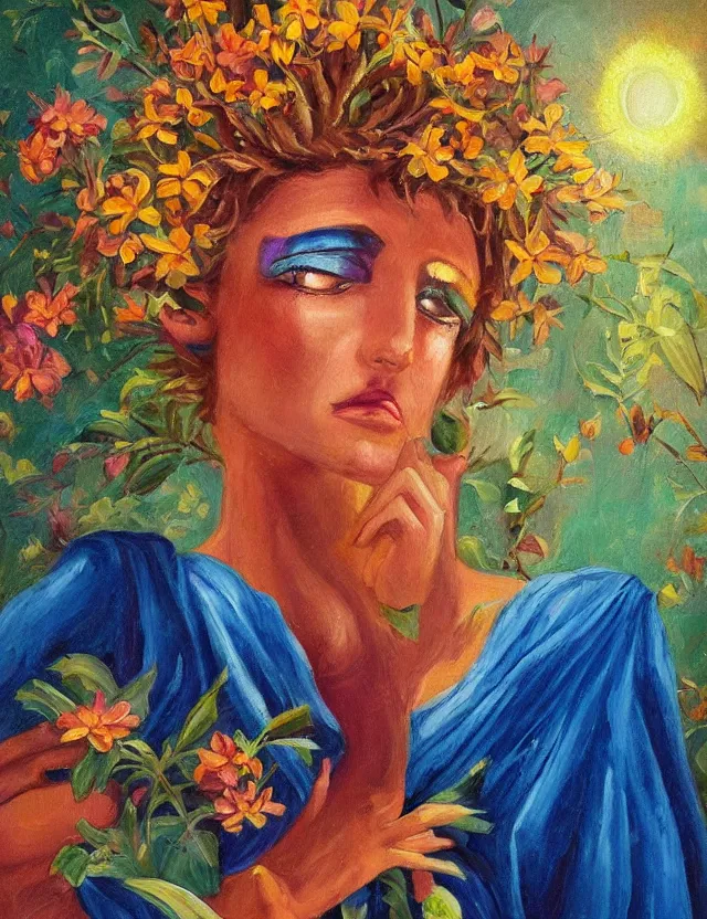 Image similar to androgynous deity of light and flowers. this oil painting by the beloved art noveau painter has interesting color contrasts, plenty of details and impeccable lighting.