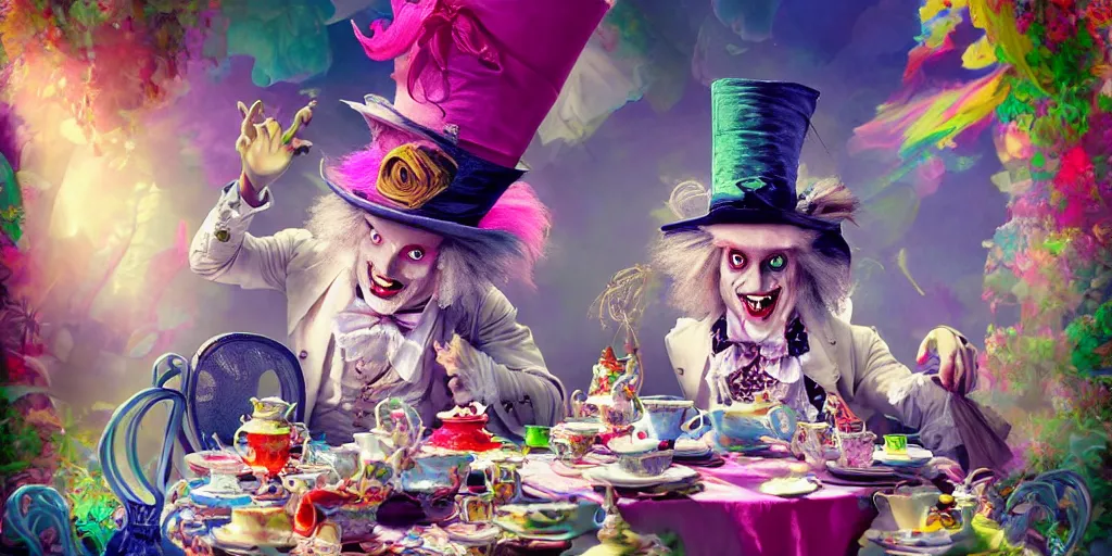 Image similar to The Mad Hatter teaparty, Alice in wonderland, colorful, wide angle, super highly detailed, professional digital painting, artstation, concept art, smooth, sharp focus, no blur, no dof, extreme illustration, Unreal Engine 5, Photorealism, HD quality, 8k resolution, cinema 4d, 3D, beautiful, cinematic, art by artgerm and greg rutkowski and alphonse mucha and loish and WLOP