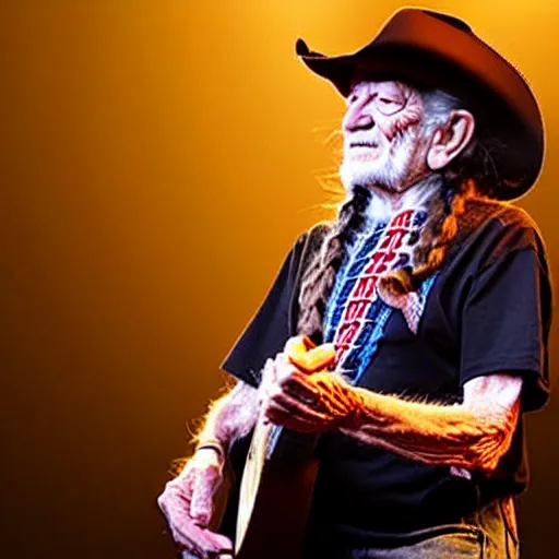 Image similar to willie nelson on stage, four fingers holdingguitar. god rays through fog.