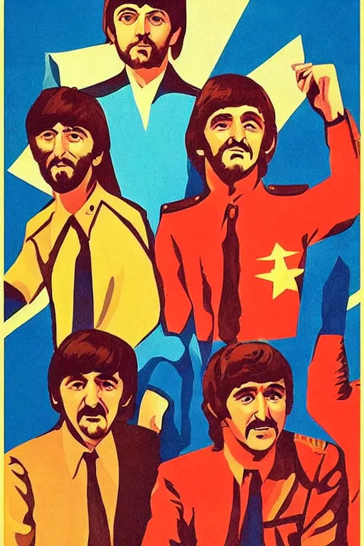 Image similar to the beatles as heroes on a soviet realism style propaganda poster