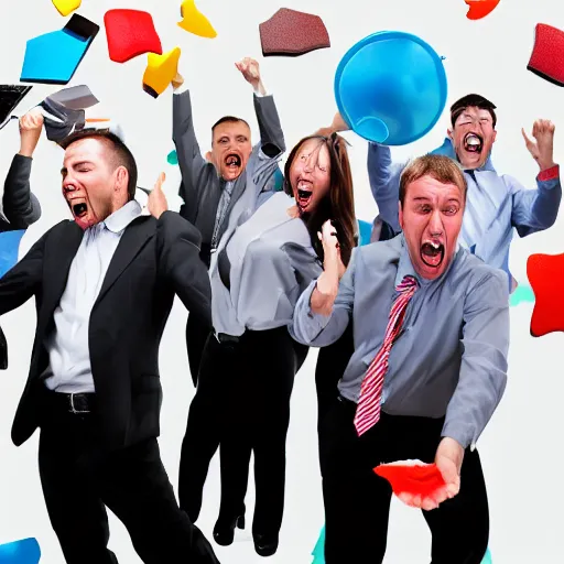 Image similar to cool business people throwing computers, screaming yelling, smashing things. high resolution color magazine candid photograph.