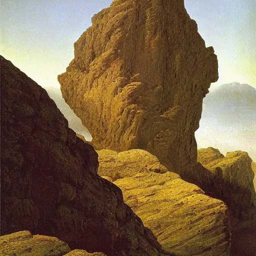 Prompt: caspar david friedrich oil painting of a cliff with a woman's face shape in the rocks,
