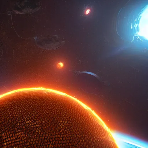 Image similar to dyson sphere in space, holes intricate abstract, unreal engine tech demo, golden hour