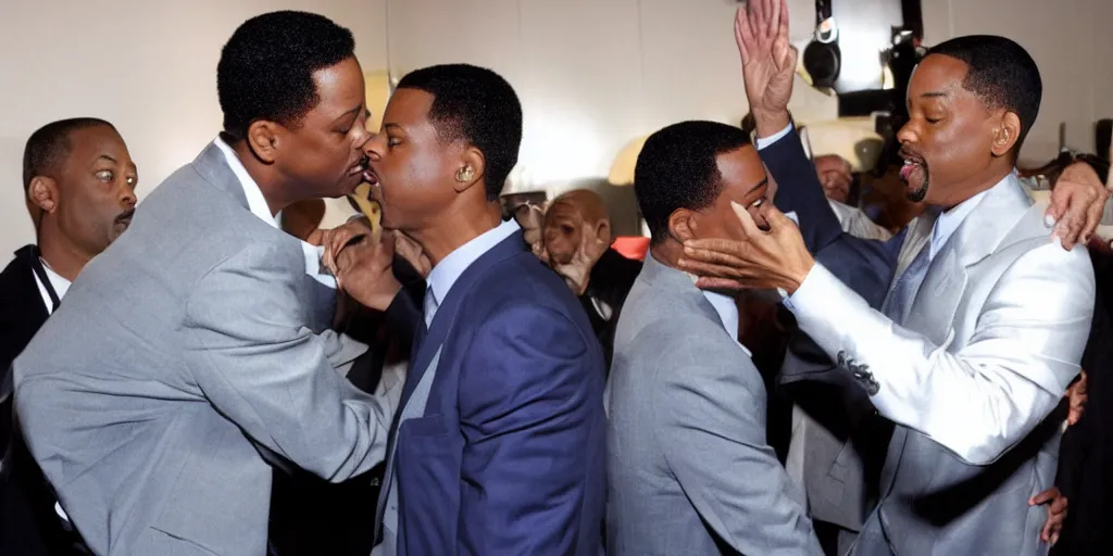 Prompt: will smith slapping chris rock, award winning photograph, hyper real