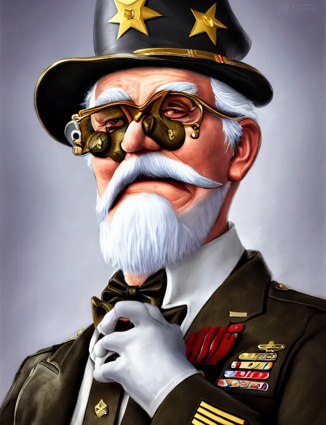 Image similar to a portrait of colonel sanders wearing a military uniform and an eyepatch, by moebius and tyler edlin and hr giger, trending on artstation, digital art, 4 k resolution, detailed, high quality, sharp focus, hq artwork, coherent, insane detail, concept art