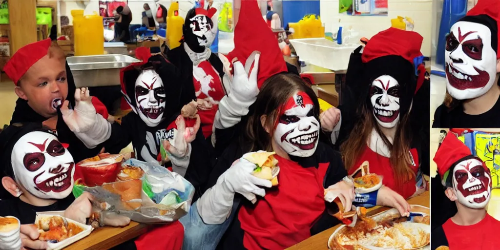 Image similar to cyclops Juggalo coneheads school food fight, detailed facial expressions