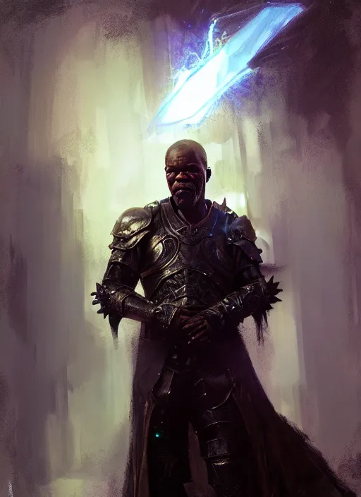 Prompt: portrait of samuel l jackson as mage wearing arcane light armor, fantasy, cinematic lighting, by jeremy mann