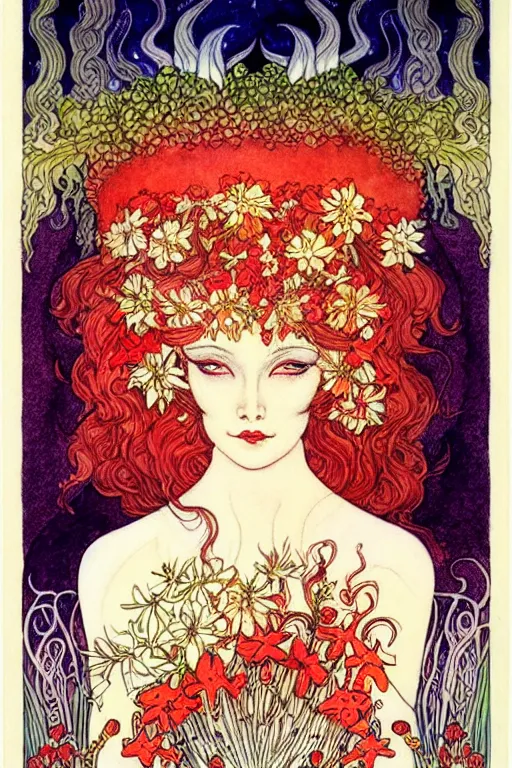 Image similar to realistic face of nature goddess with red hair with flowers and flames growing around, flower frame, detailed art by kay nielsen and walter crane, illustration style, watercolor