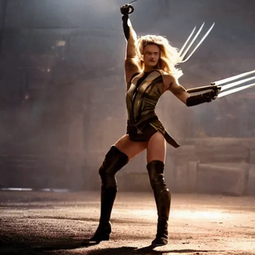 Image similar to an award winning cinematic still of beautiful Margot Robbie as Wolverine in epic battle pose , 16k hyper realistic photograph, centered, dramatic lighting