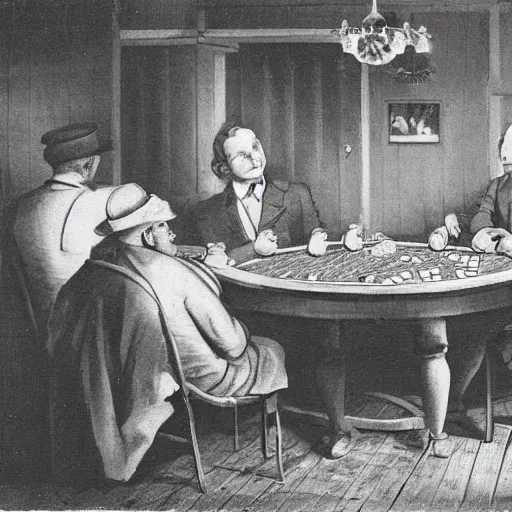 Prompt: old photo of criminals playing poker in a dirty cottage, realistic high detailed faces, black and white, cool