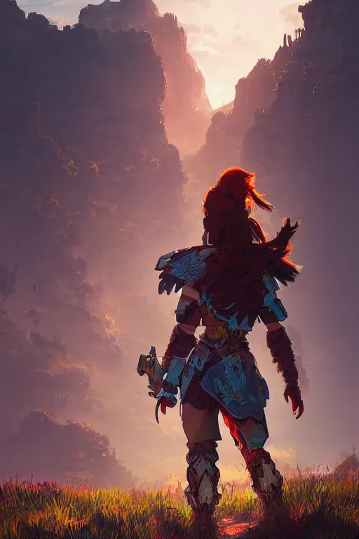 Image similar to combination suit armor aloy horizon forbidden west horizon zero dawn radiating a glowing aura global illumination ray tracing hdr fanart arstation by ian pesty and alena aenami artworks in 4 k tribal robot ninja mask helmet backpack