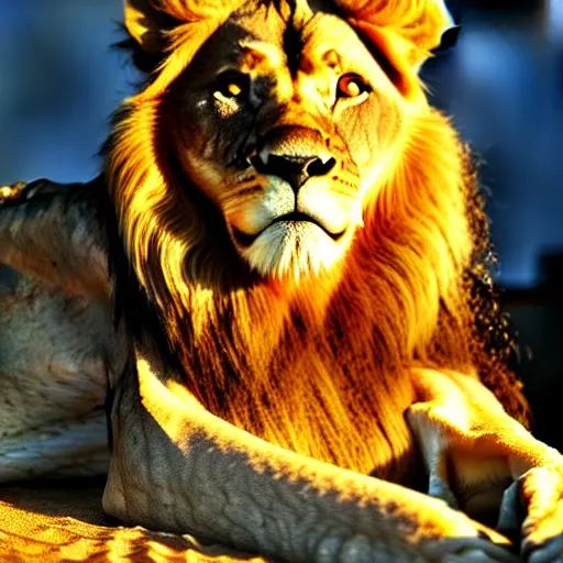 Image similar to Majestic lion, atmospheric lighting, painted, intricate, volumetric lighting, beautiful, rich deep colours masterpiece, golden hour, sharp focus, ultra detailed