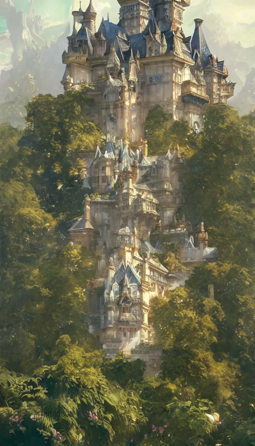 Image similar to castle seen from the sky, cyberpunk, design on white background, beautiful details, lush foliage, drawn by john singer sargent, tom bagshaw, norman rockwell, alphonso mucha, lolish, trending on artstation