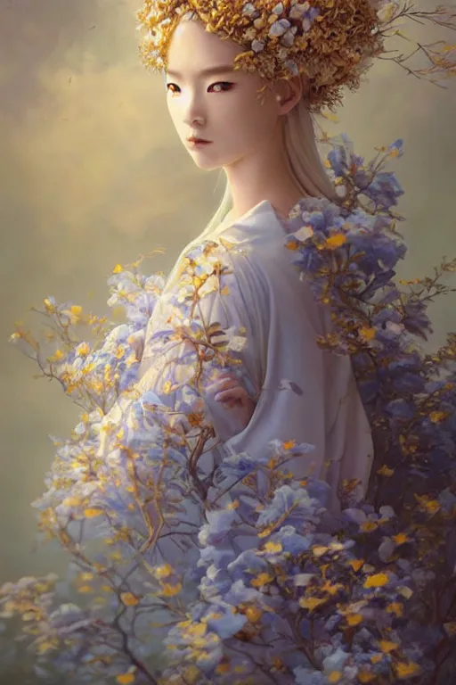 Prompt: a pale Ute Japanese girl with white hair, floral crown, sad blue eyes, cinematic lighting, ultra detailed, highly detailed, sharp focus, golden background with flowers, golden jewellery with blue sapphires, photographic, art by artgerm and greg rutkowski and zdislav beksinski