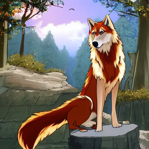 Image similar to scenic pictures with wolves, fursona, anime