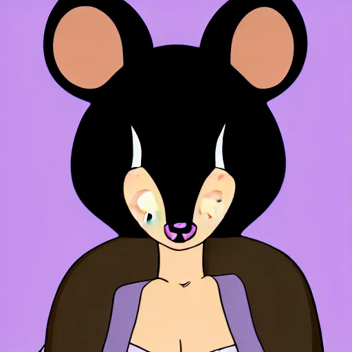 Prompt: headshot of young fursona female mouse, healthcliff style, cute, fantasy, intricate, long hair, dark grey skin, mouse face, furry mouse, dark skin, mouse head, mouse ears, black hair, elegant, cartoony, furry Deviantart art of the day, furry character, character art, smooth, sharp focus, illustration, art by adoptables