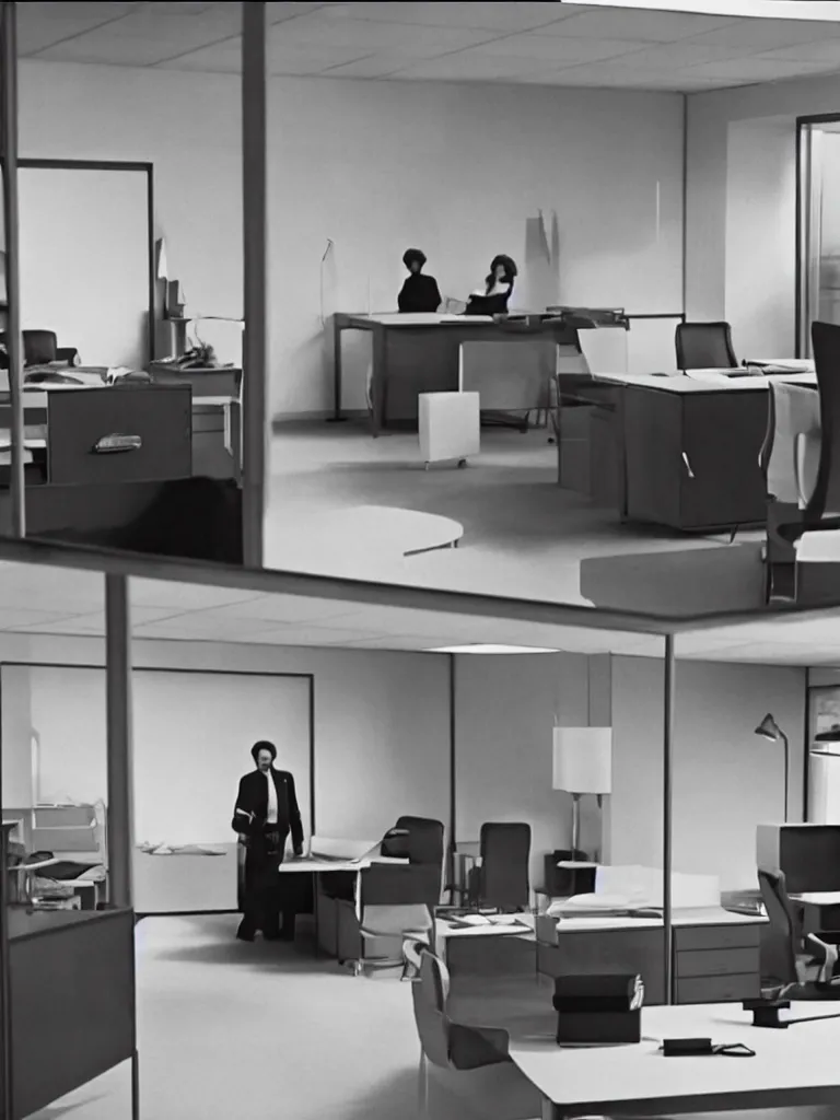 Image similar to a still of severance series indoor 7 0 s furniture office scenario appearing in a film of jacques tati