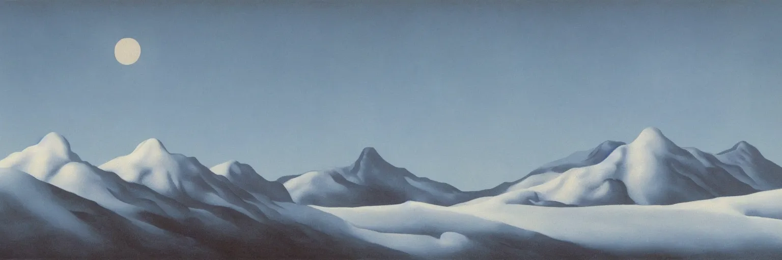 Prompt: mountains with snow oil painting magritte