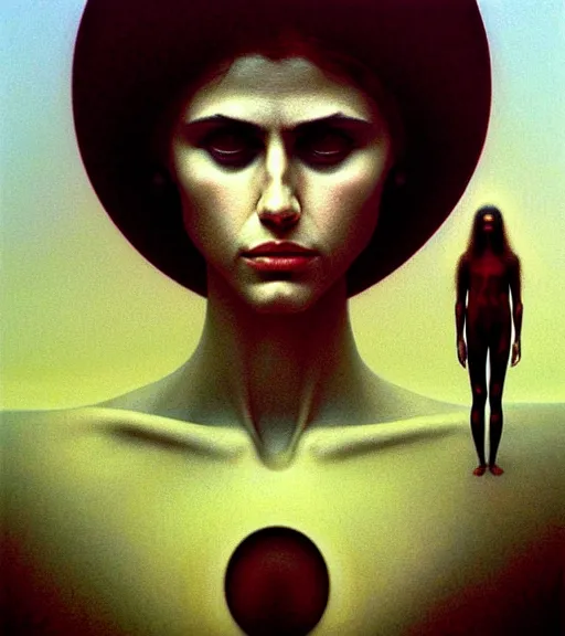 Image similar to A beautiful portrait of Alexandra Daddario, painting by Zdzisław Beksiński, utopian realism, formalism, doomsday