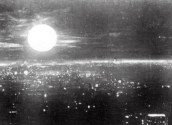 Image similar to vintage film still of the moon exploding over new york city in the 1 9 2 0 s from the old sci - fi movie