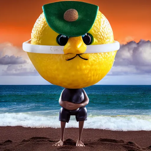 Image similar to 5 0 mm photograph, of a real anthropomorphic lemon character, with lemon skin texture, it is wearing a hat and scuba diving, building a sandcastle on the beach at sunset, beach, huge waves, sun, clouds, tropical trees, rim light, cinematic photography, professional, sand, sandcastle, volumetric lightening