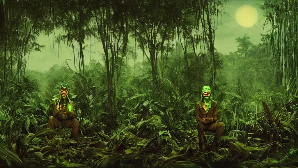 Prompt: snake oil saleman demigod with neon green mask in a swampy jungle landscape, visible sky and humid atmosphere, weekend in formosa by denis villeneuve, grant wood, wlop, kodakchrome, cinematic composition, practical effects, 8 k, trippy film from 2 0 1 9