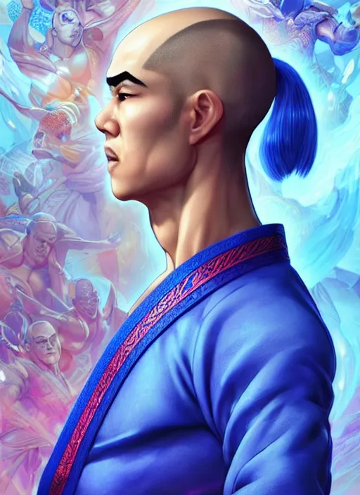 Image similar to male martial artist with a mostly shaved head and a high ponytail!!! asian facial features and blue eyes!! intricate ornate blue robes!! character concept art, sharp focus, octane render! unreal engine 5! highly rendered!! trending on artstation!! detailed linework!! illustration by artgerm, wlop, and chie yoshii