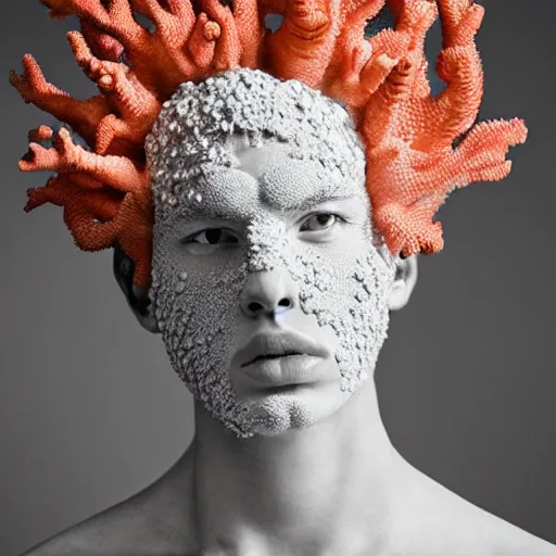 Prompt: a portrait of a beautiful young male wearing an alexander mcqueen armor made of coral , photographed by andrew thomas huang, artistic