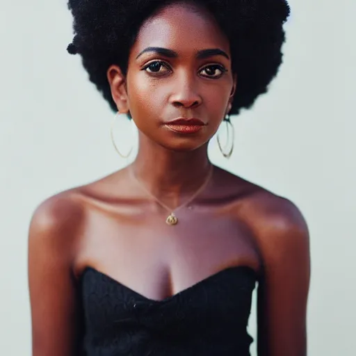 Image similar to portrait photograph of an elegant black woman wearing a sundress in Santa Monica. super resolution. 85 mm f1.8 lens.bokeh.graflex. Alessio albi