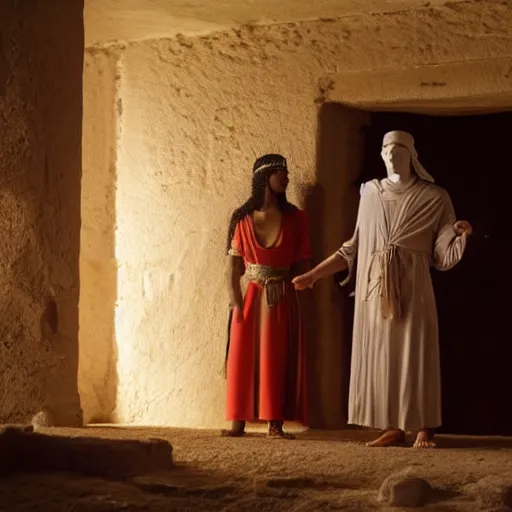 Image similar to cinematic still of 26 year old male in ancient Canaanite clothing meeting 18 year old female in ancient Canaanite clothing, dramatic lighting, establishing shot, high detail, Biblical epic directed by Wes Anderson