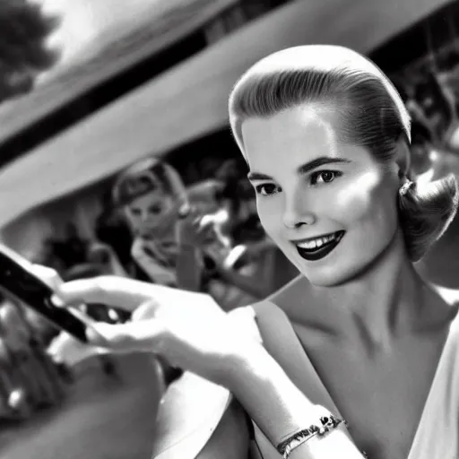 Image similar to selfie smartphone photo of a young Grace Kelly at the Monaco Gran Prix, F1 cars blurred in background, iphone photo, smartphone resolution, low resolution camera