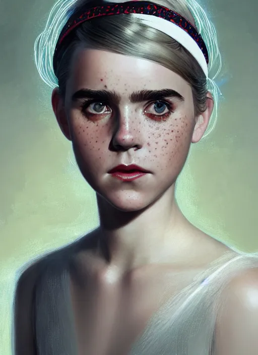 Image similar to portrait of kiernan shipka with freckles, white hair, 1 9 6 0 s bob hairstyle with bangs and hairband, intricate, elegant, glowing lights, highly detailed, digital painting, artstation, concept art, smooth, sharp focus, illustration, art by wlop, mars ravelo and greg rutkowski