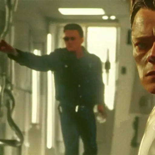 Image similar to film still of leonardo di caprio as t - 1 0 0 0 walking through bars in hospital scene in terminator 2