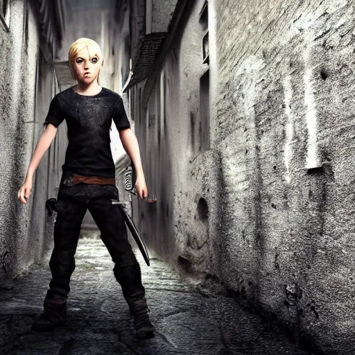 Prompt: A young blonde haired boy wearing thief clothes with daggers in an alleyway, epic fantasy, octane render, high detail, fantasy art, portrait