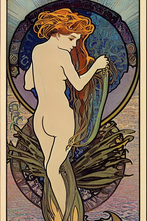 Prompt: a mermaid, by alphonse-mucha