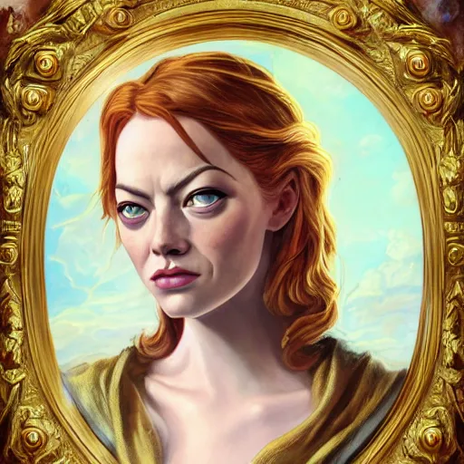 Image similar to A fantasy comic book style portrait painting of Emma Stone, as an Atlantean Reptilian Warrior, François Boucher, Oil Painting, Mystical Valkyrie, unreal 5, DAZ, hyperrealistic, octane render, Regal, Refined, Detailed Digital Art, RPG portrait, William-Adolphe Bouguereau, Michael Cheval, Walt Disney (1937), Steampunk, dynamic lighting, Highly Detailed, Cinematic Lighting, Unreal Engine, 8k, HD