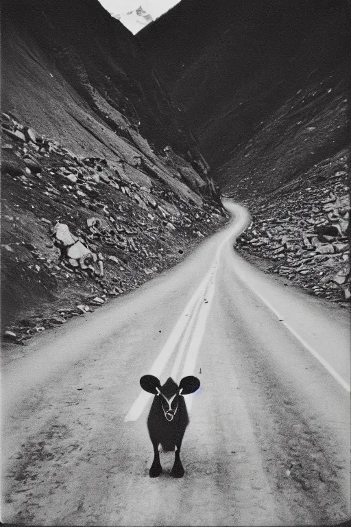 Image similar to photo polaroid of a sad and lonely child in the middle of a mountain road , Nepal,Himalayas, loneliness,,tahr , black and white ,photorealistic, 35mm film,