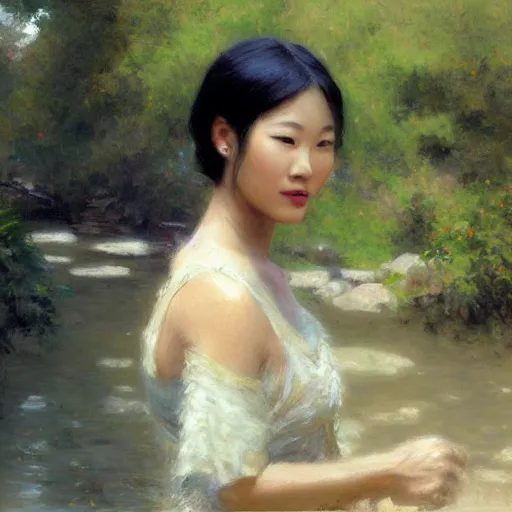 Image similar to elegant asian woman by the river, detailed face, correct face, painting by Gaston Bussiere, Craig Mullins