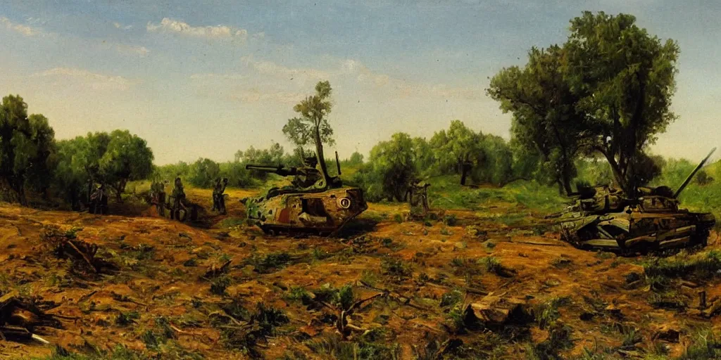 Prompt: landscape scene of an eastern front battlefield, summertime, distant destroyed smoking tank, romanticist oil painting