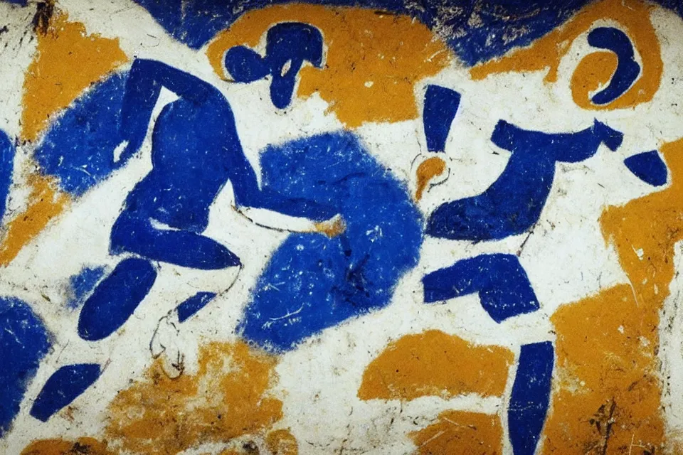 Prompt: a cave painting of ronaldo fenomeno wearing the brazil national football team blue jersey number 9 and white shorts dribbling past a goalkeeper. lascaux cave paintings, cahuvet
