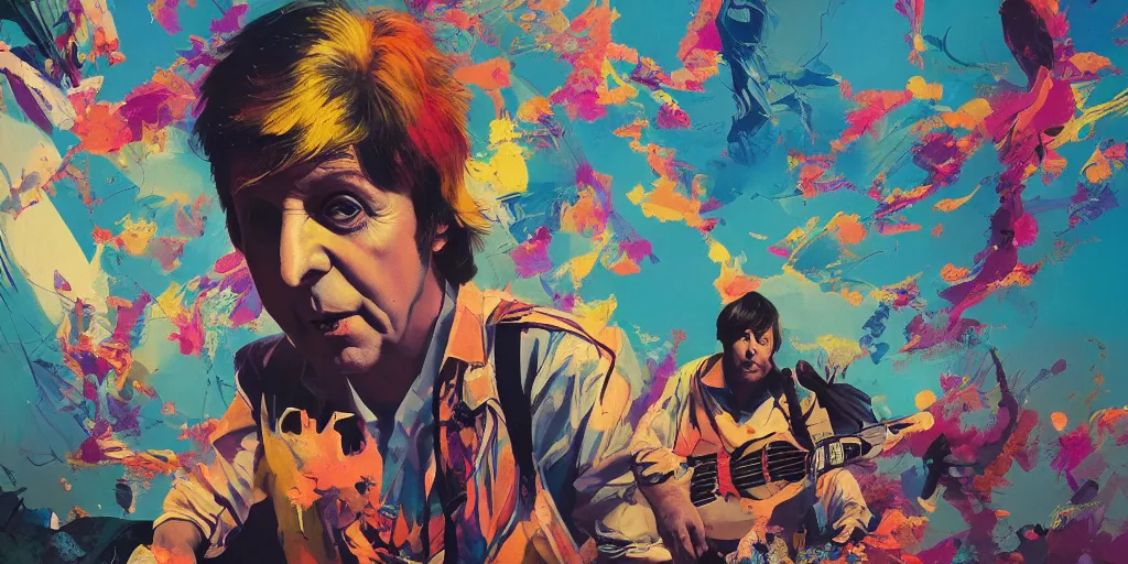 Prompt: paul mccartney 1 9 7 6, colorful, series of dreams, contrast, kim jung gi, greg rutkowski, zabrocki, karlkka, jayison devadas, trending on artstation, 8 k, ultra wide angle, zenith view, pincushion lens effect